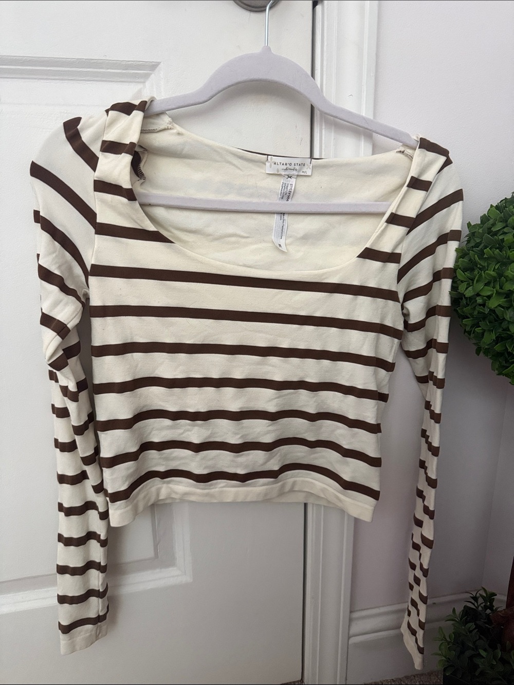 Altard State Striped Scoop-Neck Long Sleeve Top in Cream & Brown
